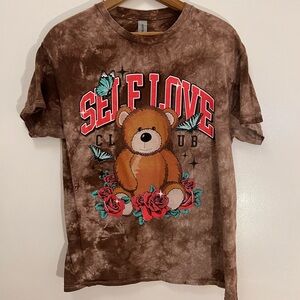 Gildan Heavy Cotton Tan Tee “Self Love Club” Teddy Bear Floral Women’s Medium